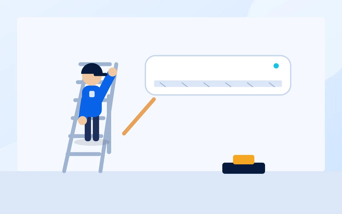 Ilustração de técnico em escada instalando um ar-condicionado split na parede