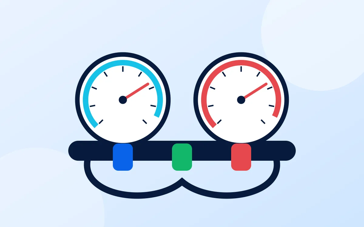 Ilustração de manômetros de manifold usados para medir a pressão do gás refrigerante