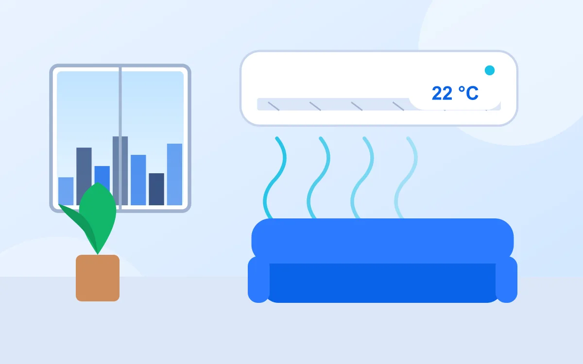 Ilustração de sala com ar-condicionado split refrigerando o ambiente a 22 graus