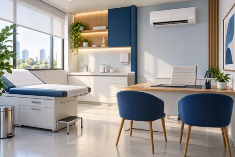 Ilustração de consultório médico desocupado com mesa, maca e ar-condicionado split.