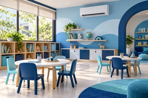 Ilustração de sala de educação infantil desocupada com mesas baixas, livros e split na parede.
