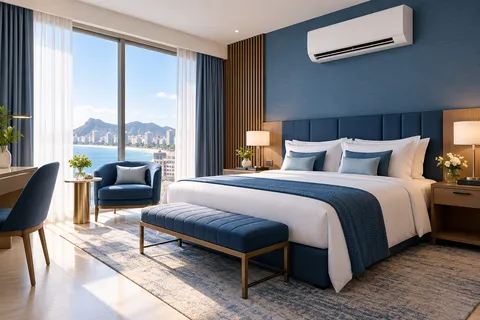 Ilustração de quarto de hotel desocupado, cama arrumada e ar-condicionado split na parede.